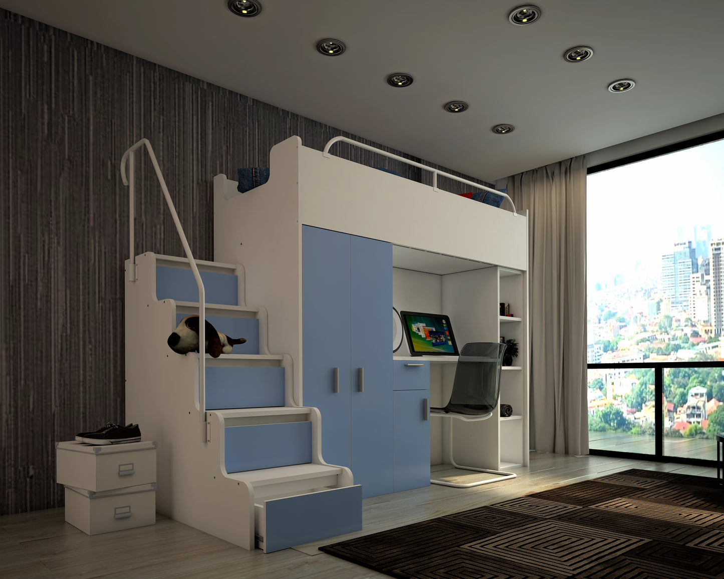 JESSICA 4S - Cabin bed set with Wardrobe, Desk and Stairs. 9 Colours