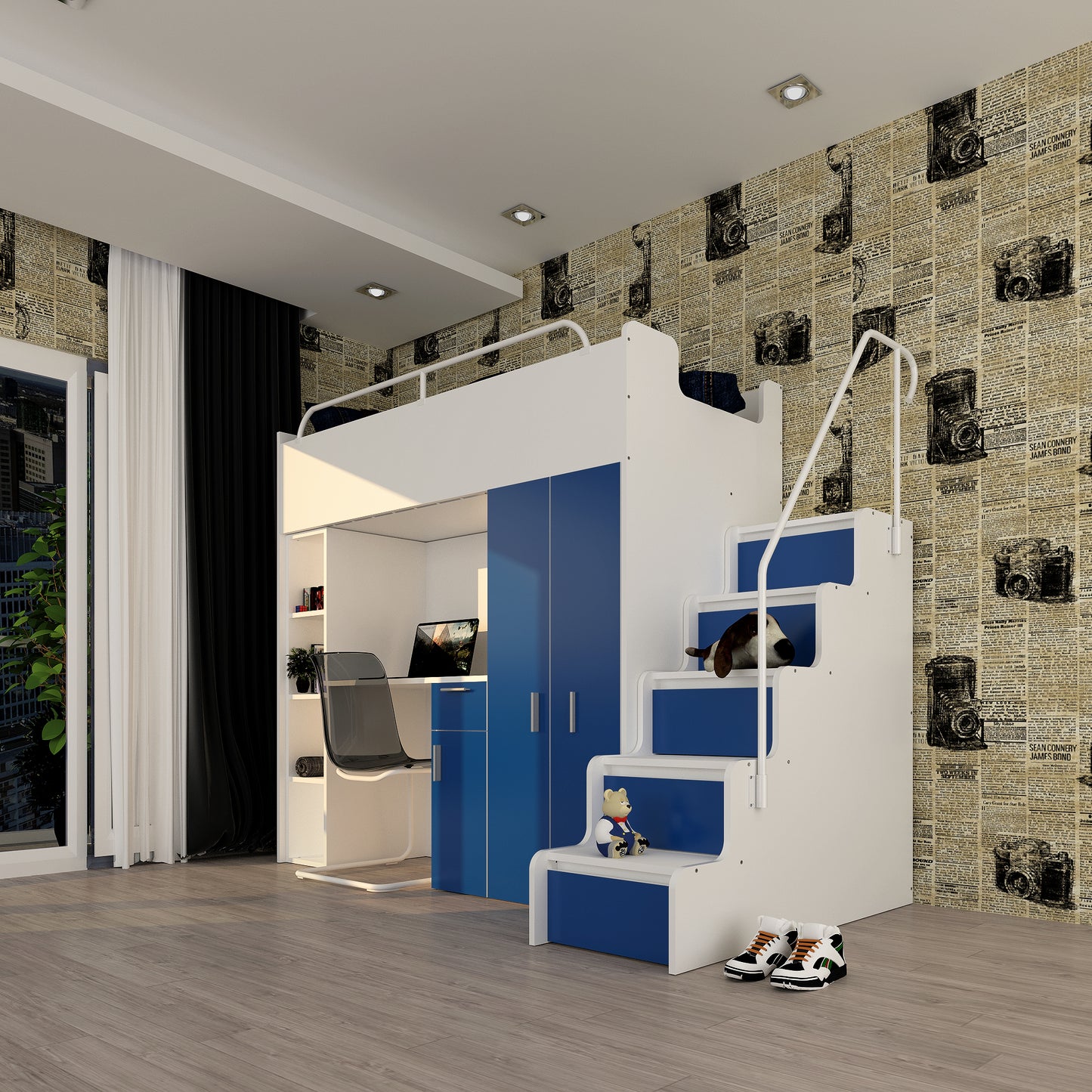 JESSICA 4S - Cabin bed set with Wardrobe, Desk and Stairs. 9 Colours