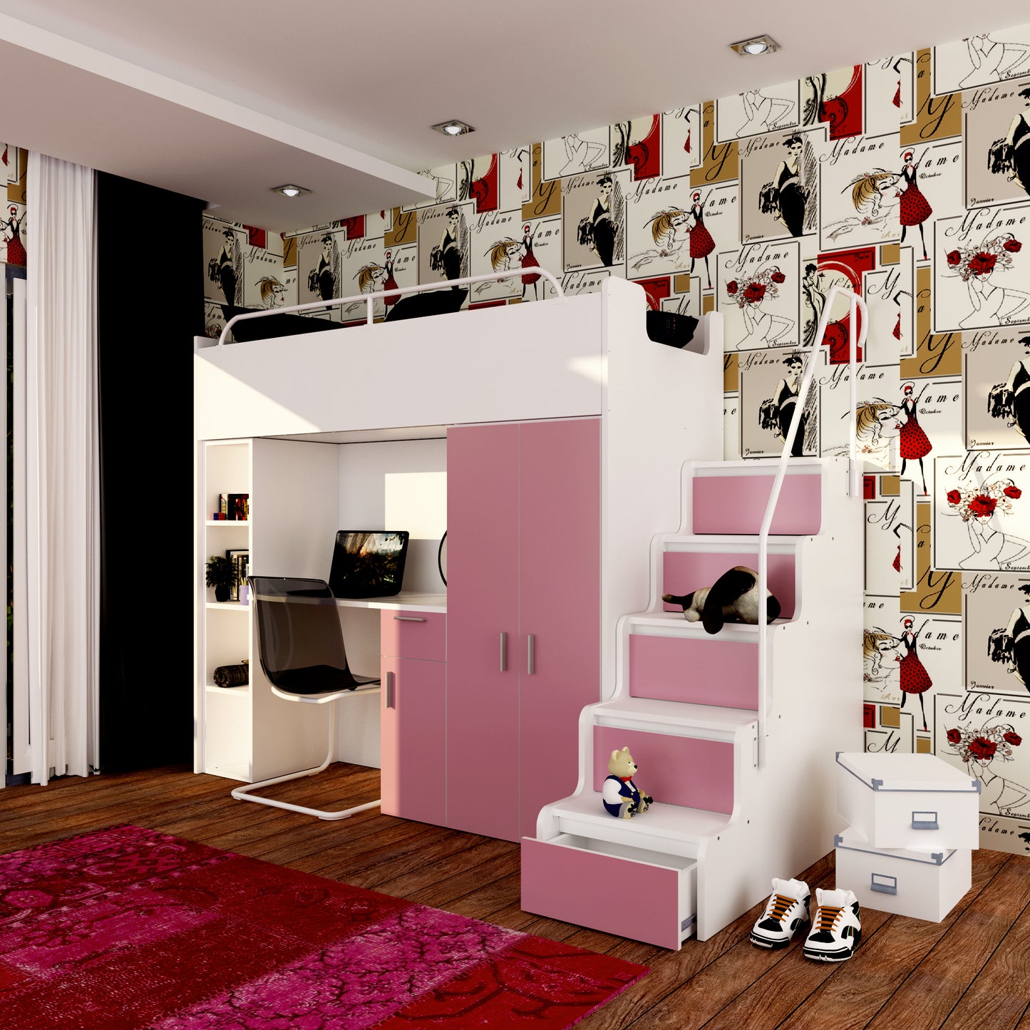 JESSICA 4S - Cabin bed set with Wardrobe, Desk and Stairs. 9 Colours