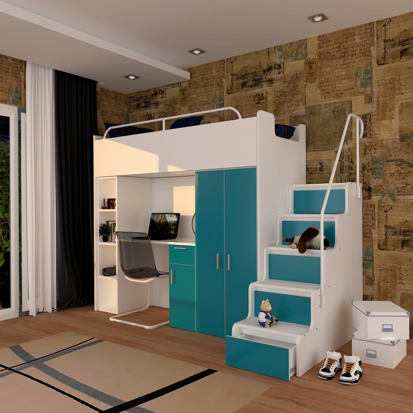 JESSICA 4S - Cabin bed set with Wardrobe, Desk and Stairs. 9 Colours