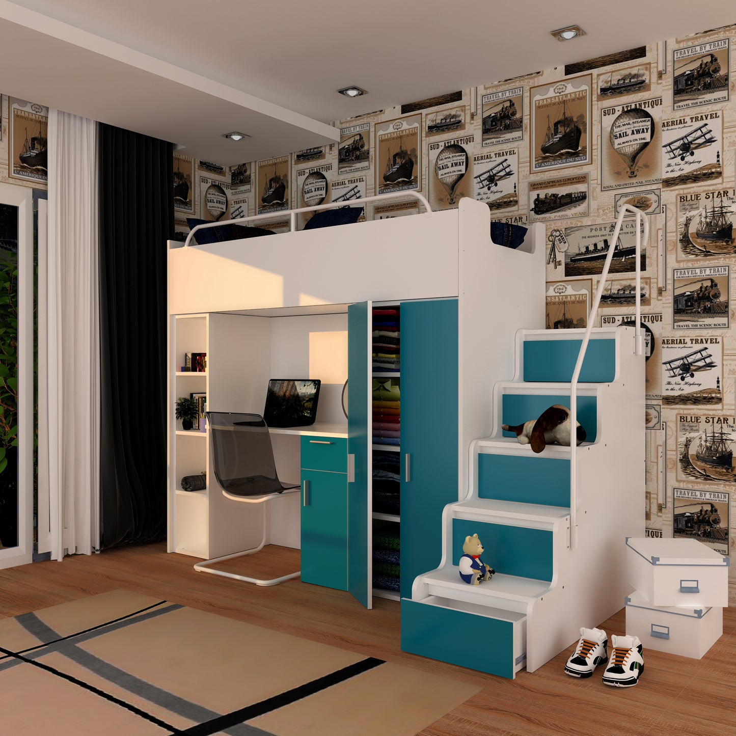 JESSICA 4S - Cabin bed set with Wardrobe, Desk and Stairs. 9 Colours