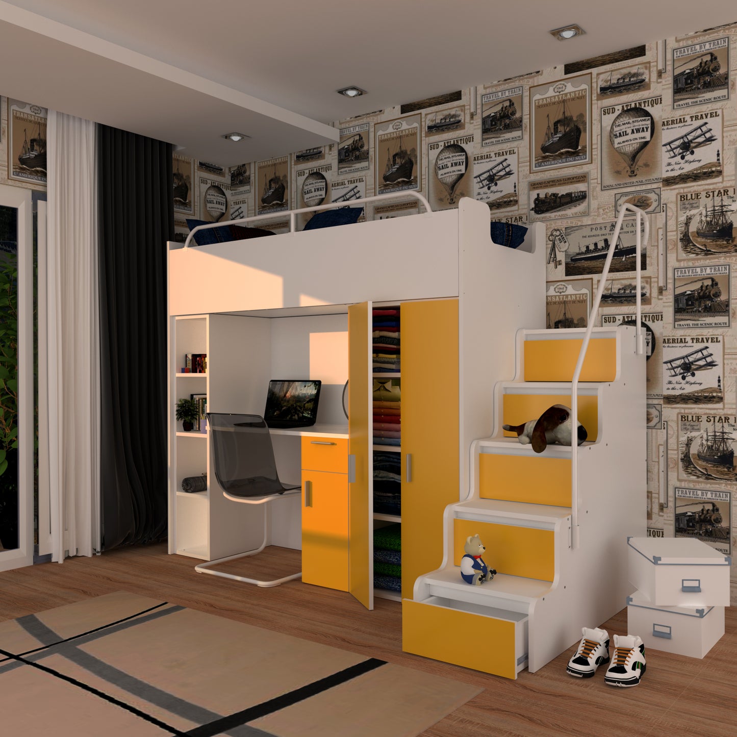 JESSICA 4S - Cabin bed set with Wardrobe, Desk and Stairs. 9 Colours