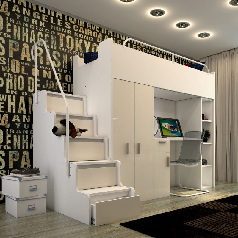 JESSICA 4B - Cabin bed set with Wardrobe, Desk and Stairs. 5 High Gloss Colours
