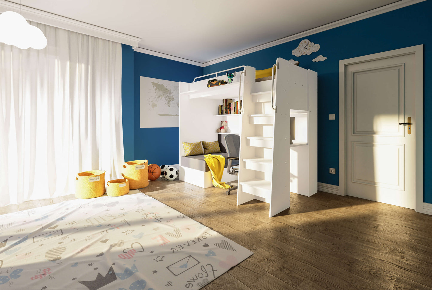 JESSICA 7 - Loft Bed with Desk and Sofa, 9 Colour Inserts