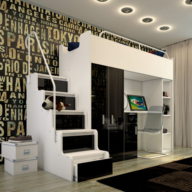 JESSICA 4B - Cabin bed set with Wardrobe, Desk and Stairs. 5 High Gloss Colours