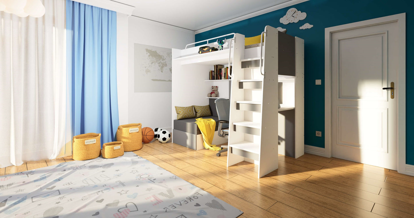 JESSICA 7 - Loft Bed with Desk and Sofa, 9 Colour Inserts
