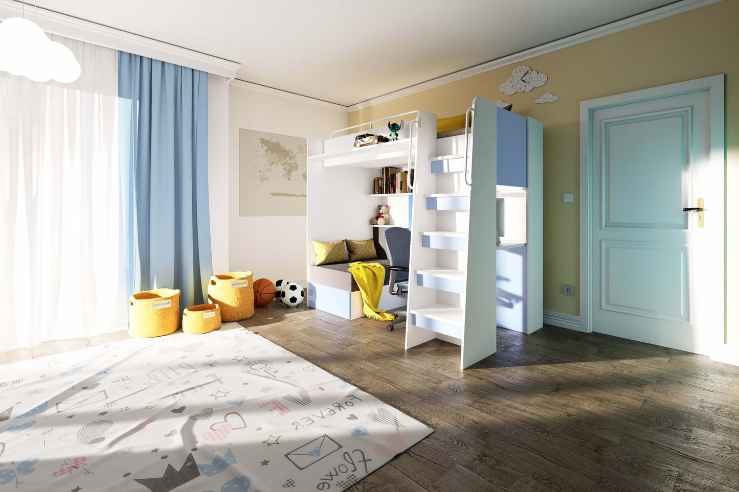 JESSICA 7 - Loft Bed with Desk and Sofa, 9 Colour Inserts