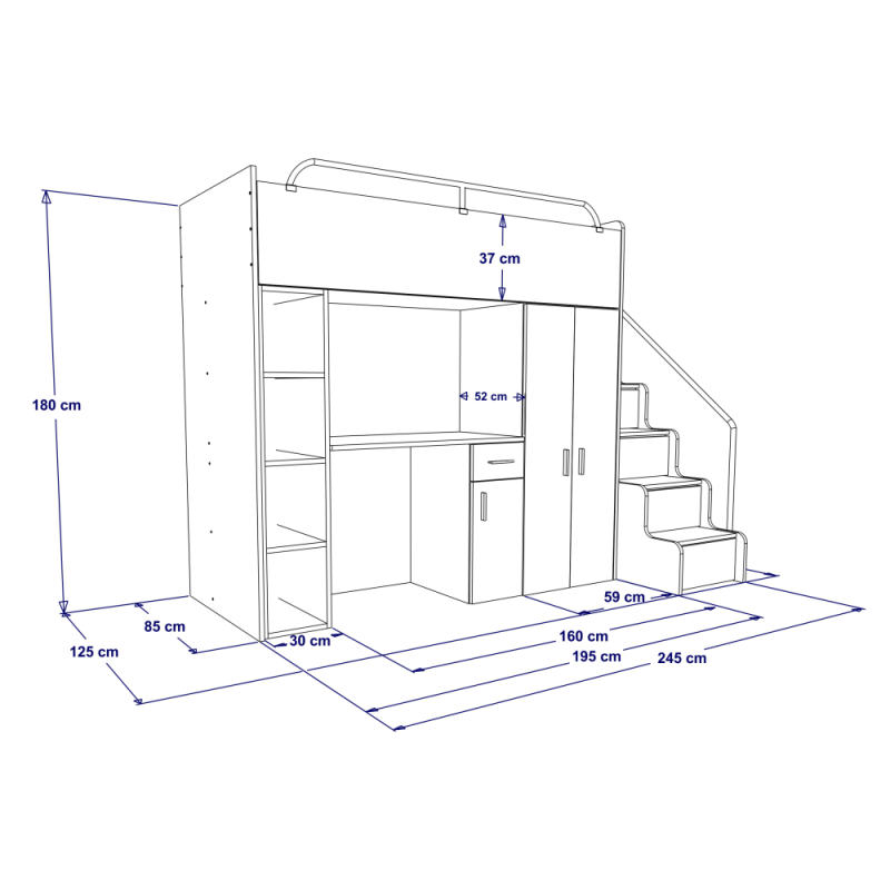 JESSICA 4B - Cabin bed set with Wardrobe, Desk and Stairs. 5 High Gloss Colours