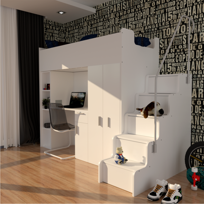 JESSICA 4S - Cabin bed set with Wardrobe, Desk and Stairs. 9 Colours