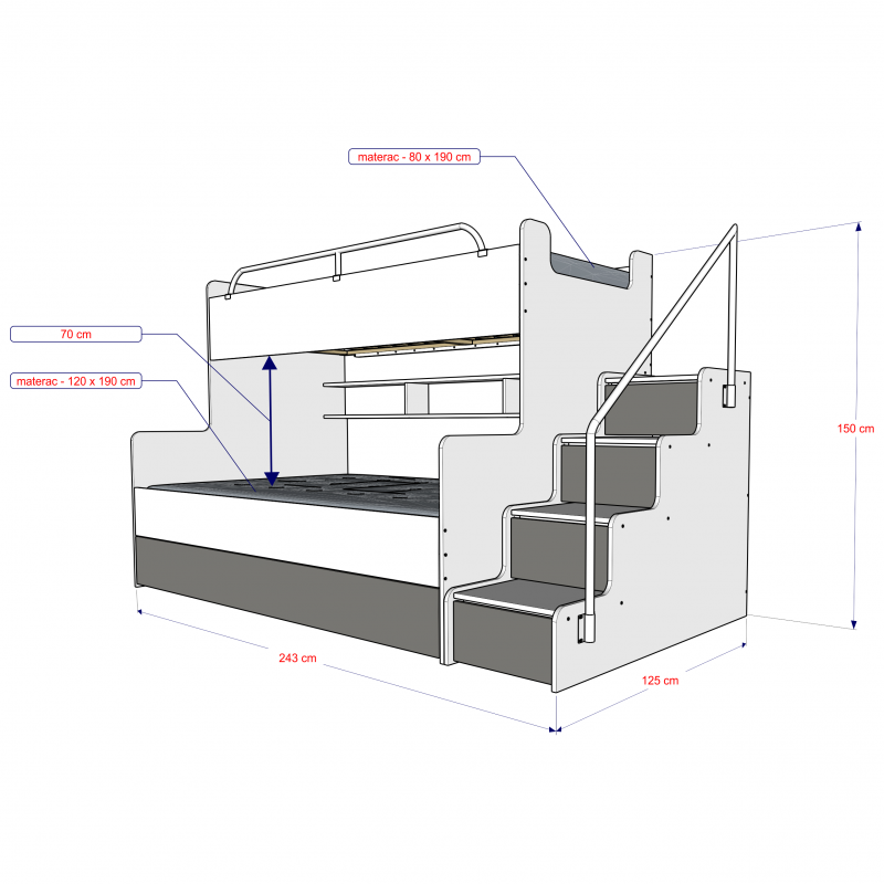 JESSICA 3 - bunk bed with stairs, shelves and many drawers Various Colours