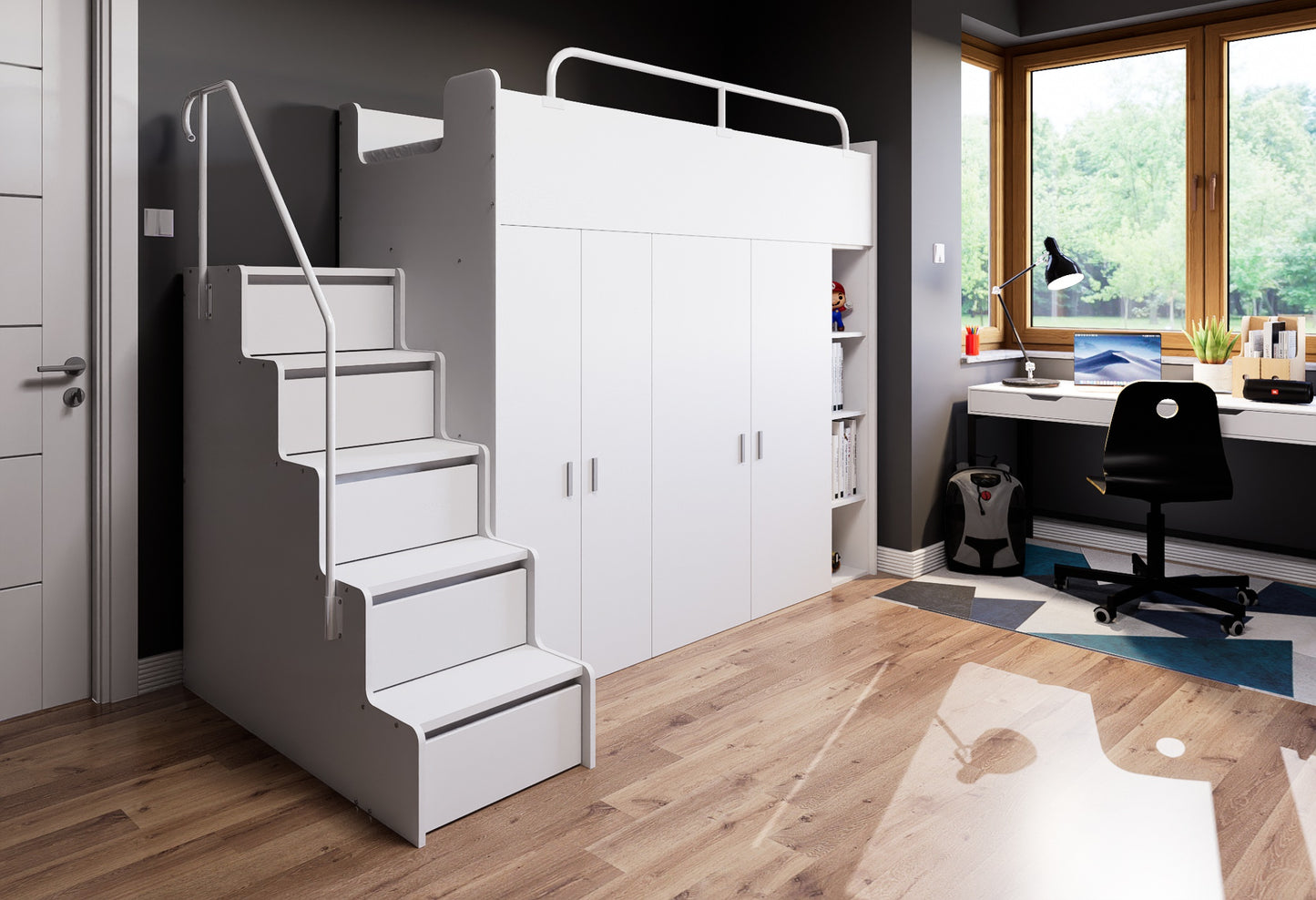 JESSICA 2B - Cabin Bed with Stairs and 2 Wardrobes, High Gloss Inserts