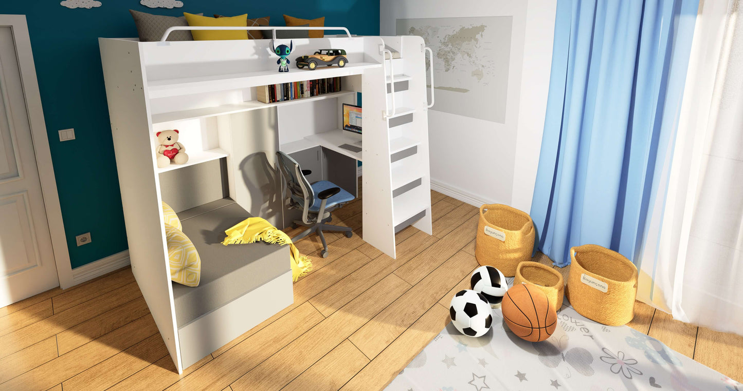 JESSICA 7 - Loft Bed with Desk and Sofa, 9 Colour Inserts