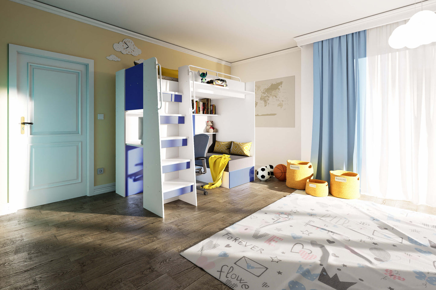 JESSICA 7 - Loft Bed with Desk and Sofa, 9 Colour Inserts