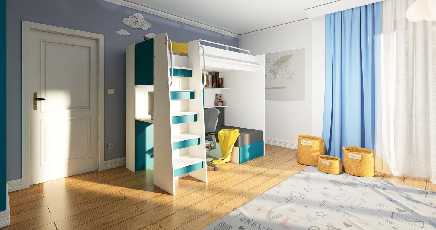JESSICA 7 - Loft Bed with Desk and Sofa, 9 Colour Inserts