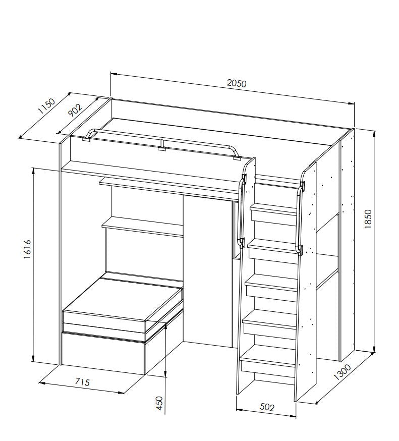 JESSICA 7 - Loft Bed with Desk and Sofa, 9 Colour Inserts