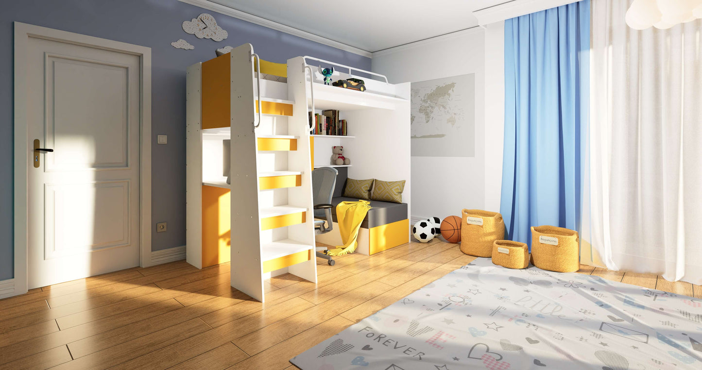 JESSICA 7 - Loft Bed with Desk and Sofa, 9 Colour Inserts