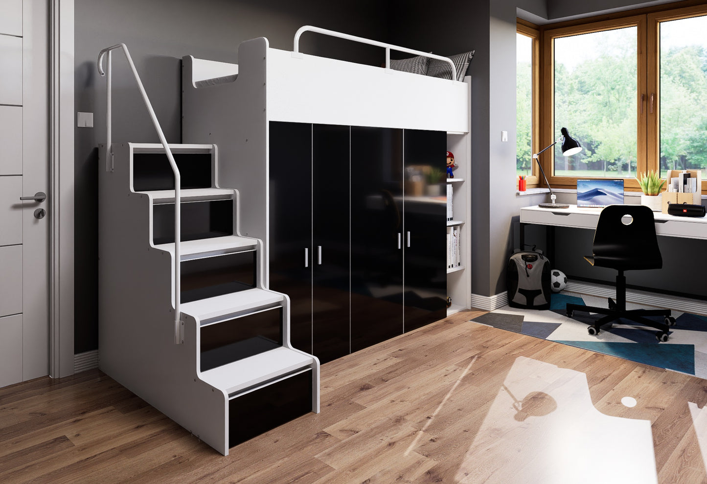 JESSICA 2B - Cabin Bed with Stairs and 2 Wardrobes, High Gloss Inserts