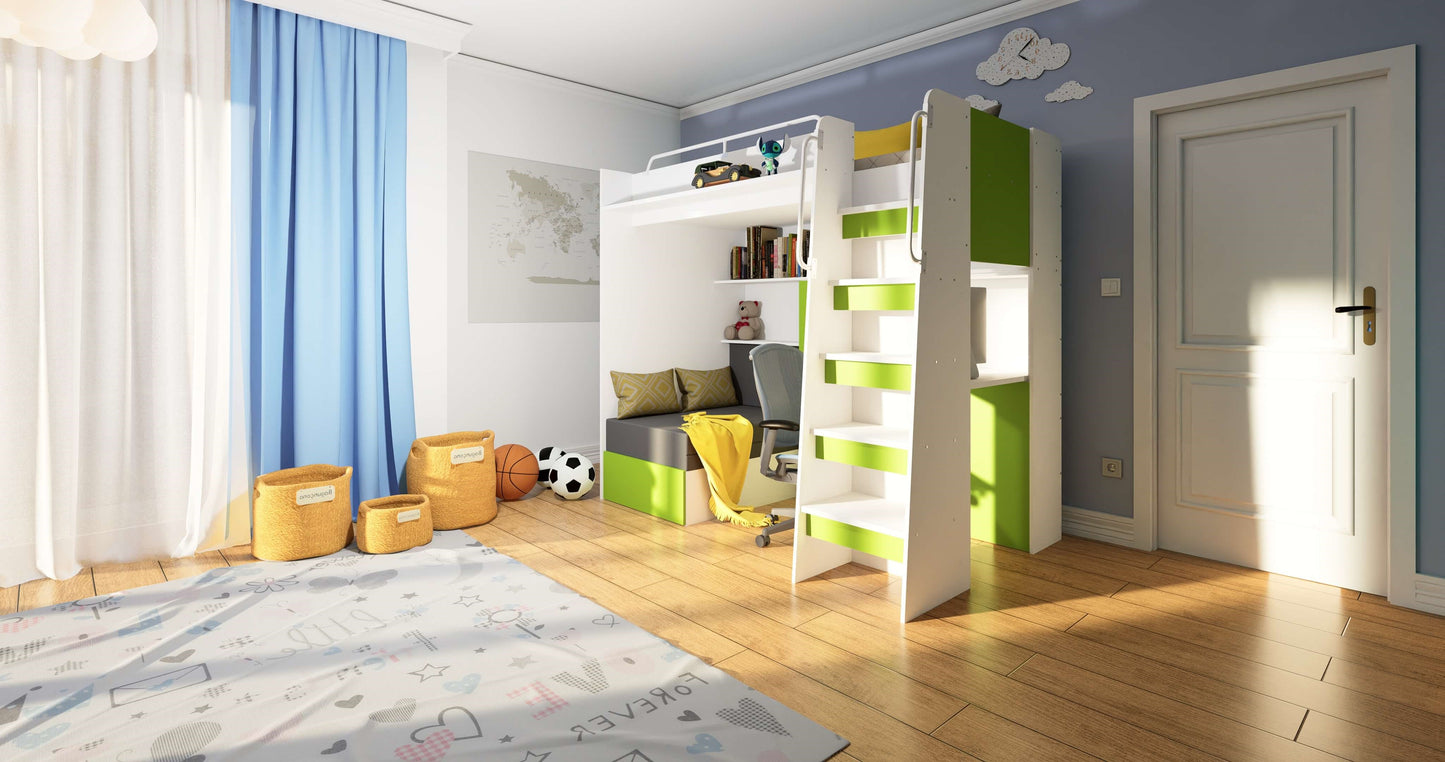 JESSICA 7 - Loft Bed with Desk and Sofa, 9 Colour Inserts