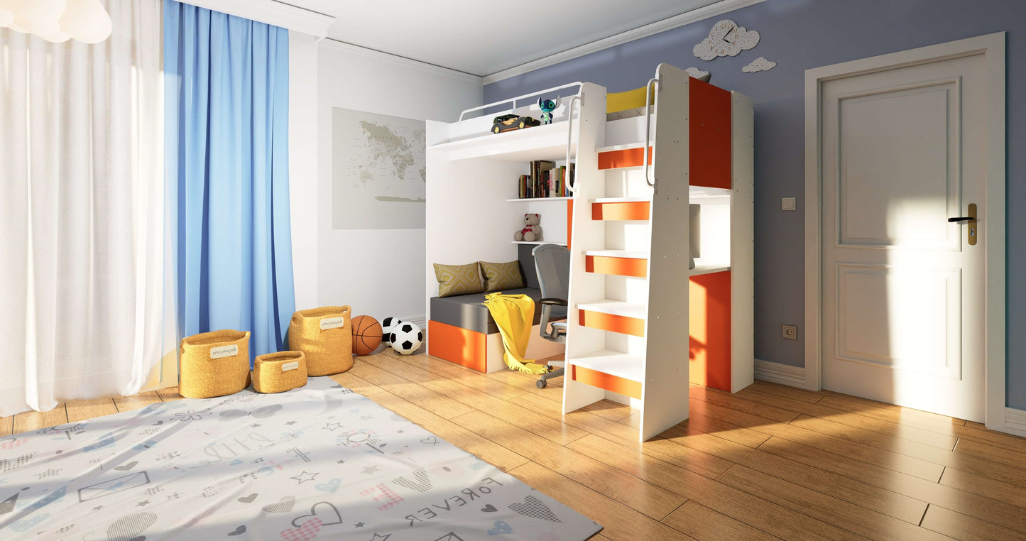JESSICA 7 - Loft Bed with Desk and Sofa, 9 Colour Inserts