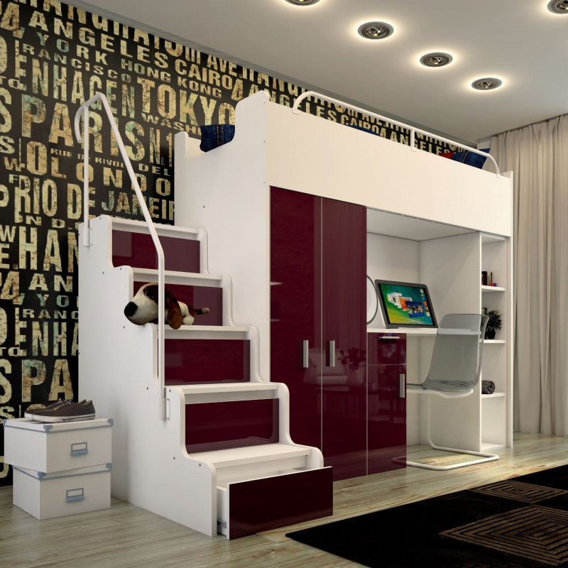 JESSICA 4B - Cabin bed set with Wardrobe, Desk and Stairs. 5 High Gloss Colours
