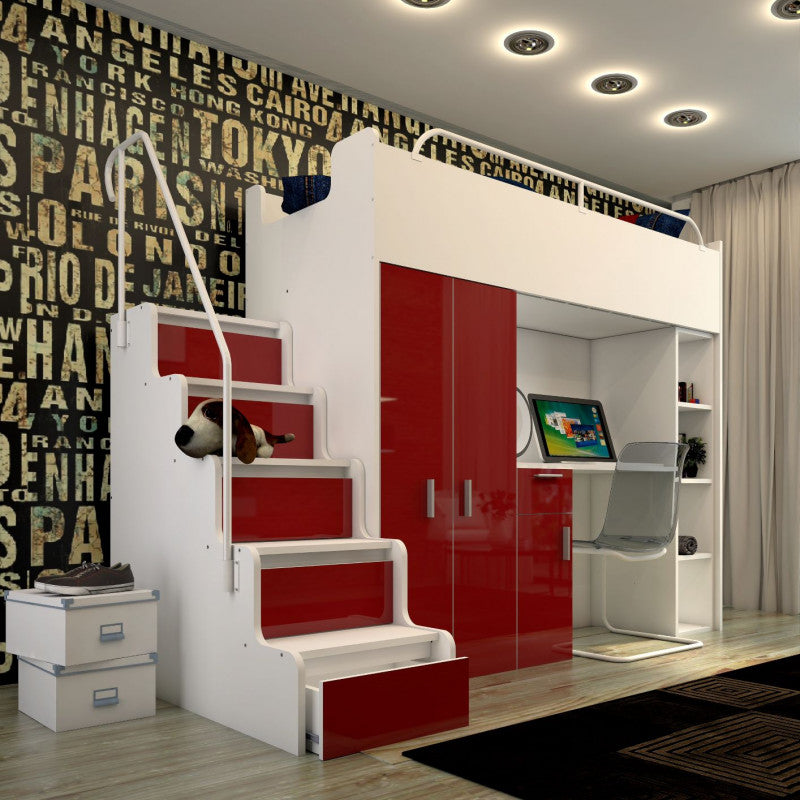 JESSICA 4B - Cabin bed set with Wardrobe, Desk and Stairs. 5 High Gloss Colours