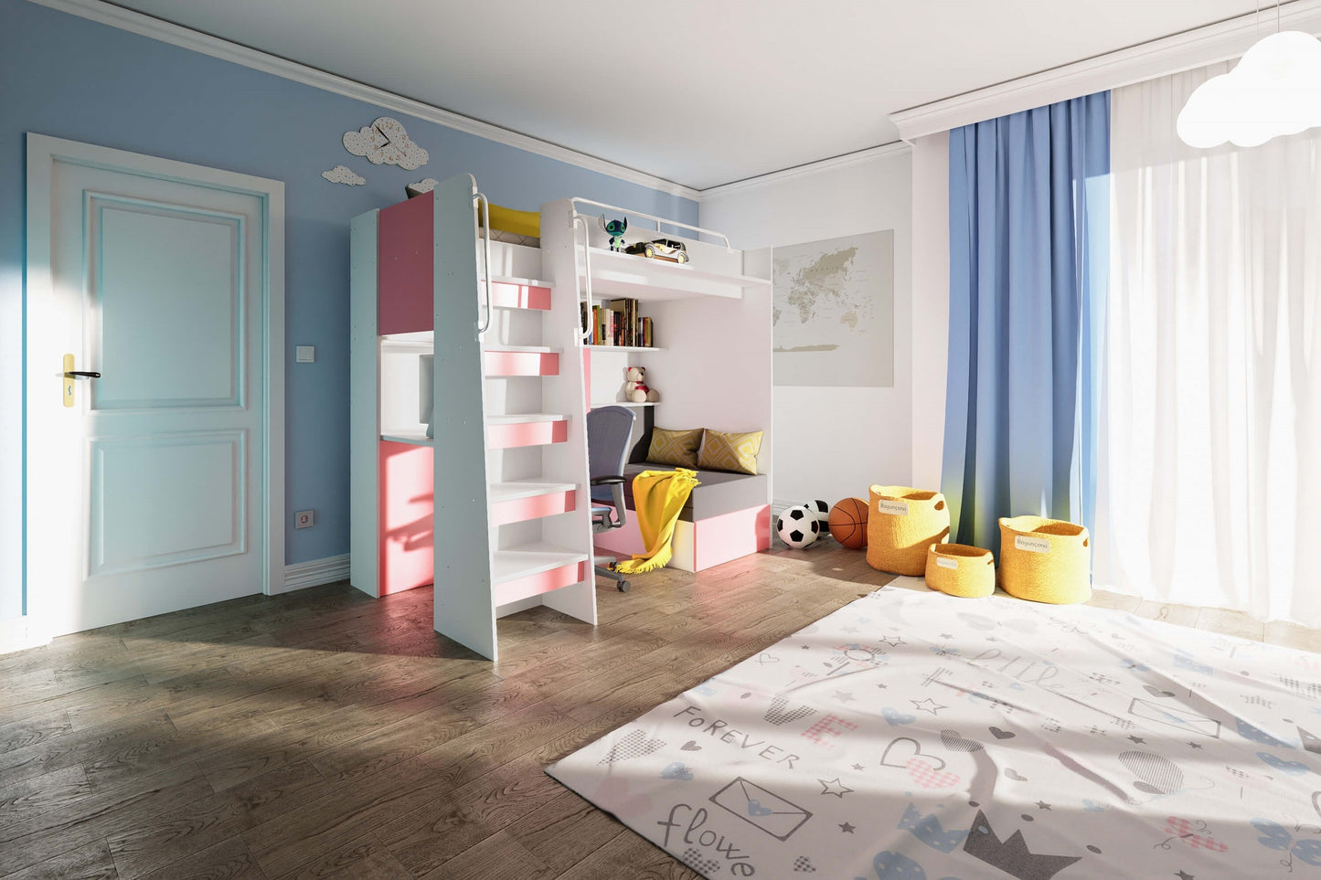 JESSICA 7 - Loft Bed with Desk and Sofa, 9 Colour Inserts