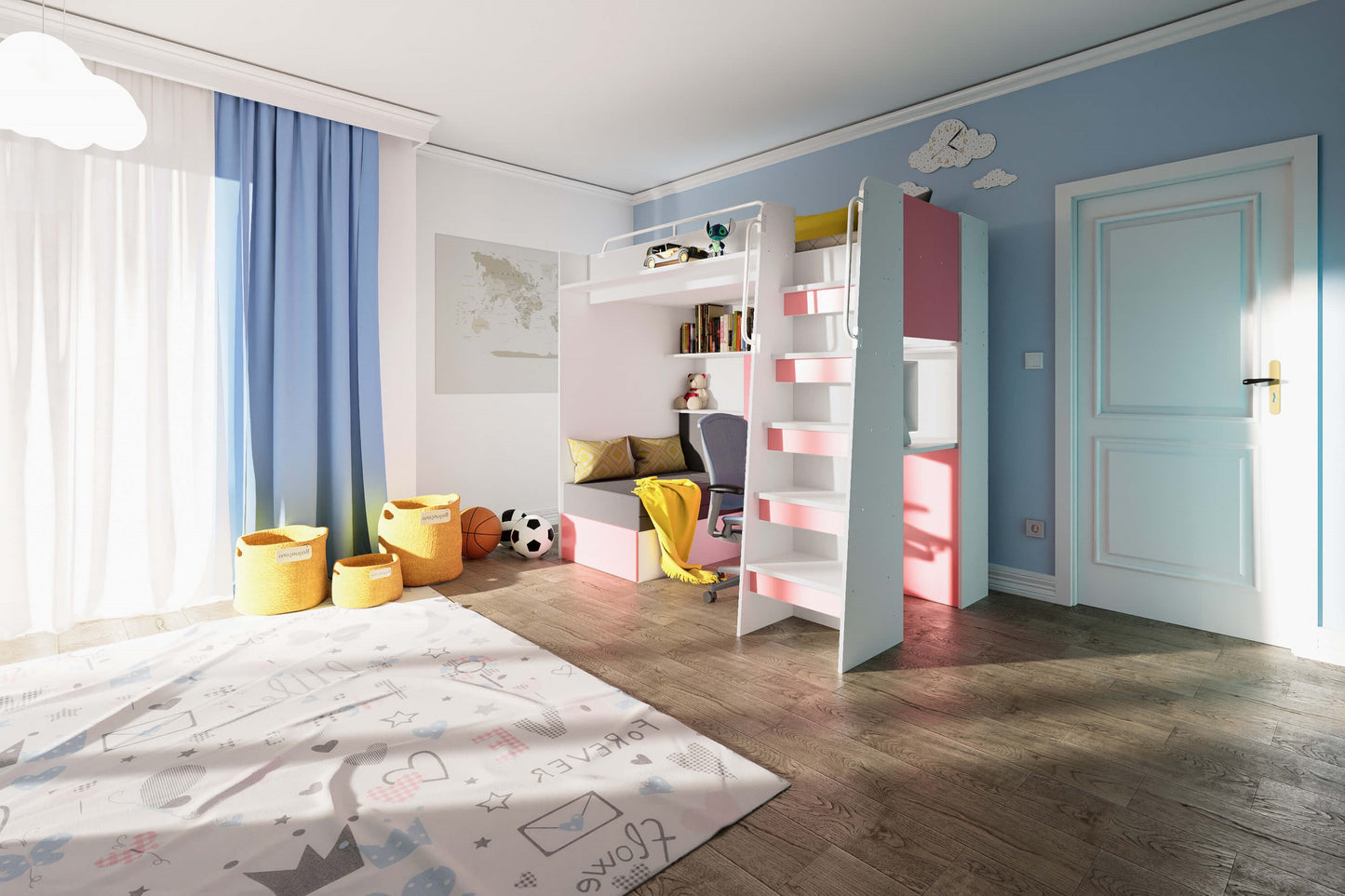 JESSICA 7 - Loft Bed with Desk and Sofa, 9 Colour Inserts