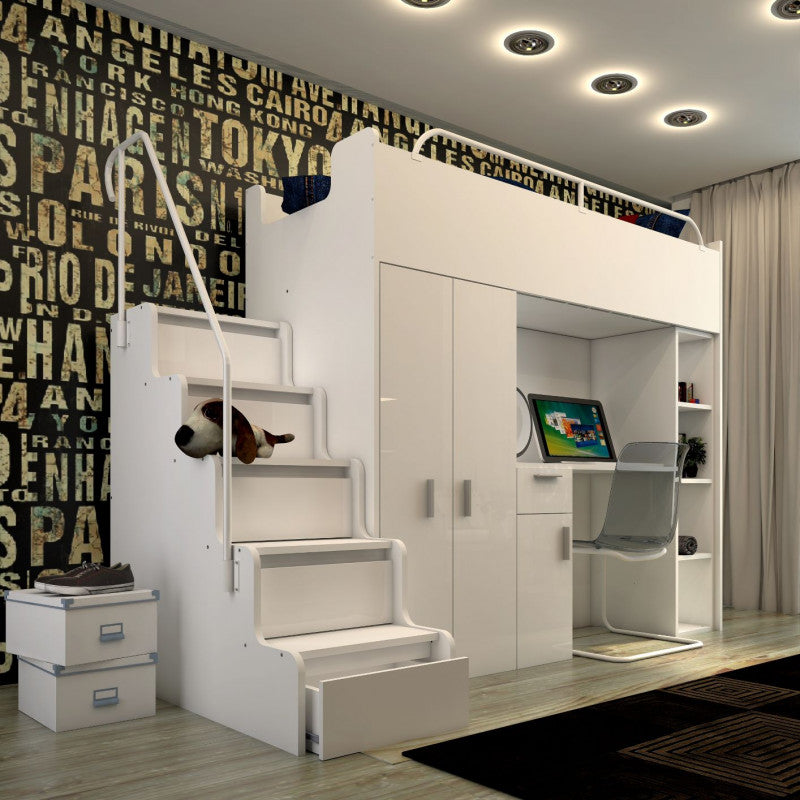 JESSICA 4B - Cabin bed set with Wardrobe, Desk and Stairs. 5 High Gloss Colours