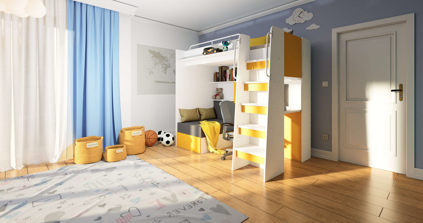 JESSICA 7 - Loft Bed with Desk and Sofa, 9 Colour Inserts