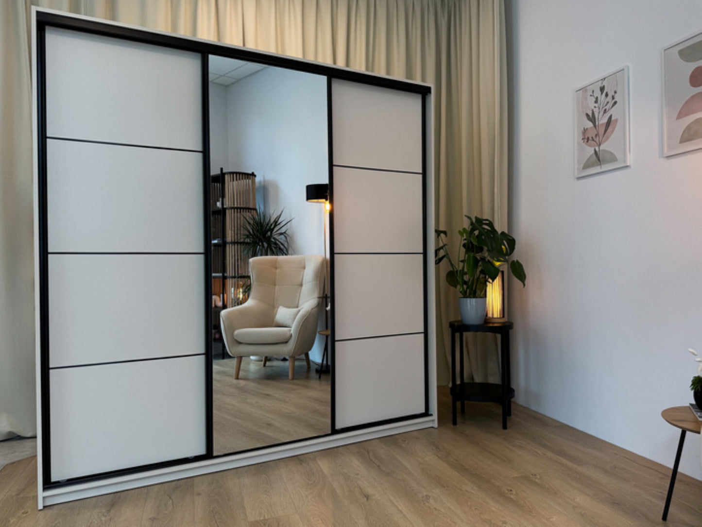 LOFT with Mirror - 3 Sliding Doors Wardrobe With Drawers Shelves 2 Rail 3 Colours 180 cm