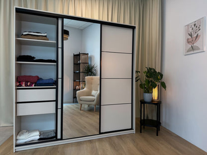 LOFT with Mirror - 3 Sliding Doors Wardrobe With Drawers Shelves 2 Rail 3 Colours 180 cm