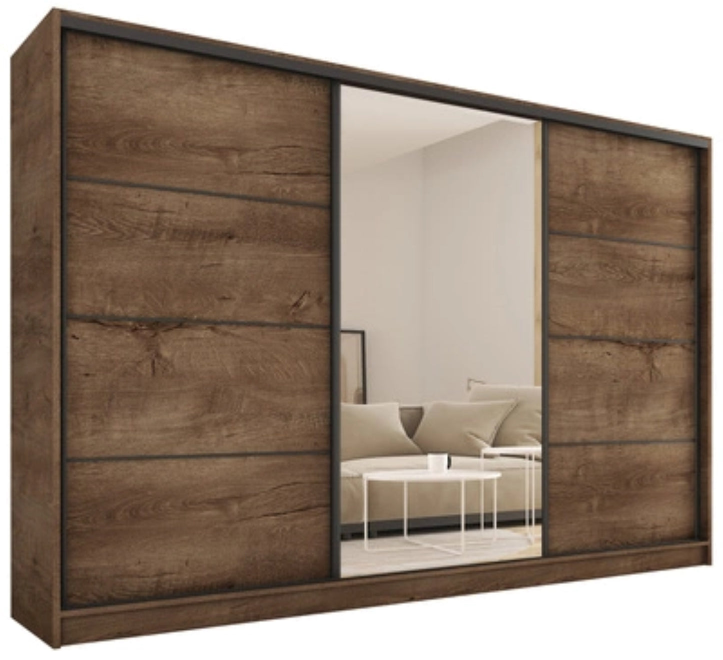 LOFT with Mirror - 3 Sliding Doors Wardrobe With Drawers Shelves 2 Rail Various Colour 280 cm