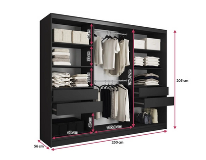 Tanyaro with Mirror - 3 sliding Doors Wardrobe With Drawers Shelve 2 Rail Various Colour width 250 cm