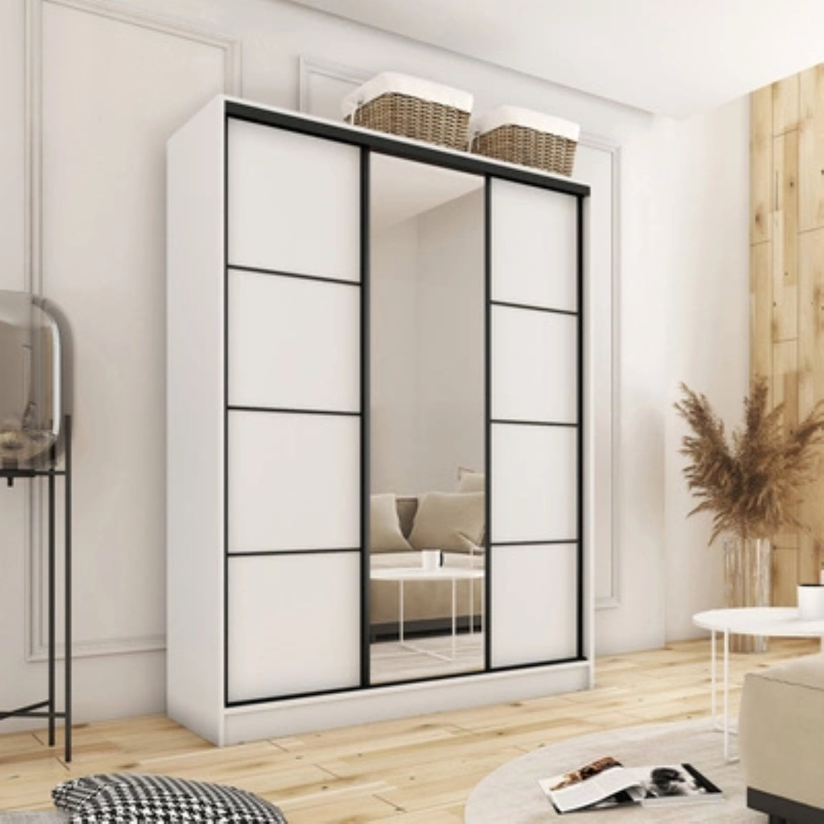 LOFT with Mirror - 3 Sliding Doors Wardrobe With Drawers Shelves 2 Rail Various Colour 150 cm