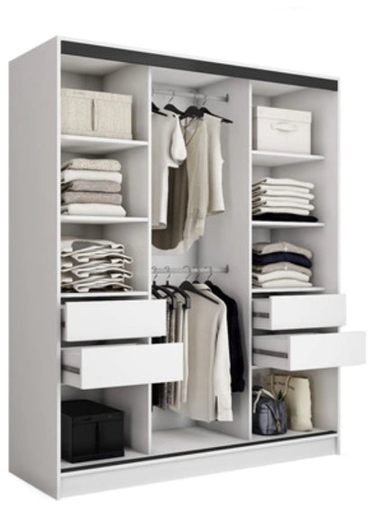 LOFT with Mirror - 3 Sliding Doors Wardrobe With Drawers Shelves 2 Rail Various Colour 150 cm