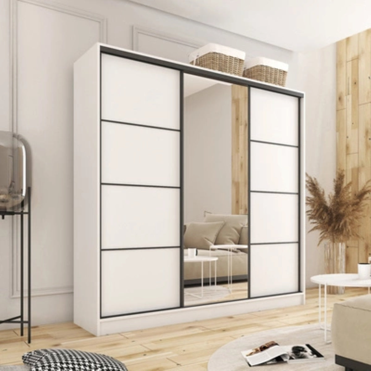 LOFT with Mirror - 3 Sliding Doors Wardrobe With Drawers Shelves 2 Rail 3 Colours 180 cm