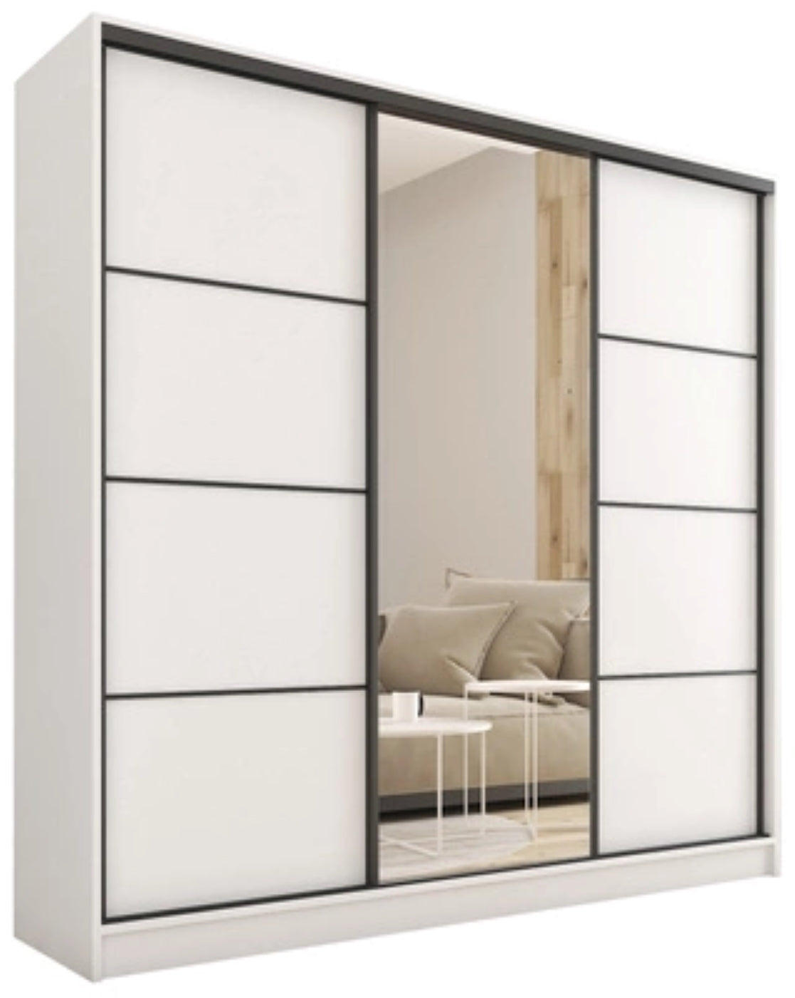 LOFT with Mirror - 3 Sliding Doors Wardrobe With Drawers Shelves 2 Rail 3 Colours 180 cm