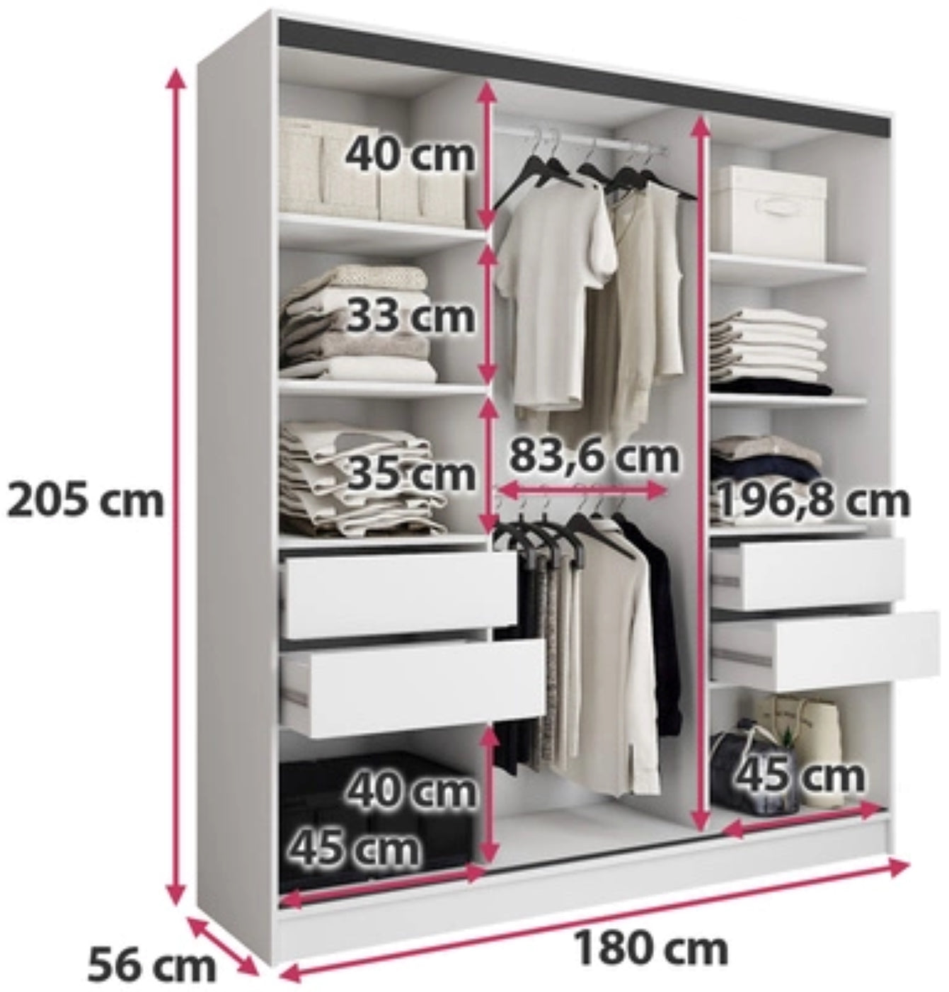 LOFT with Mirror - 3 Sliding Doors Wardrobe With Drawers Shelves 2 Rail 3 Colours 180 cm