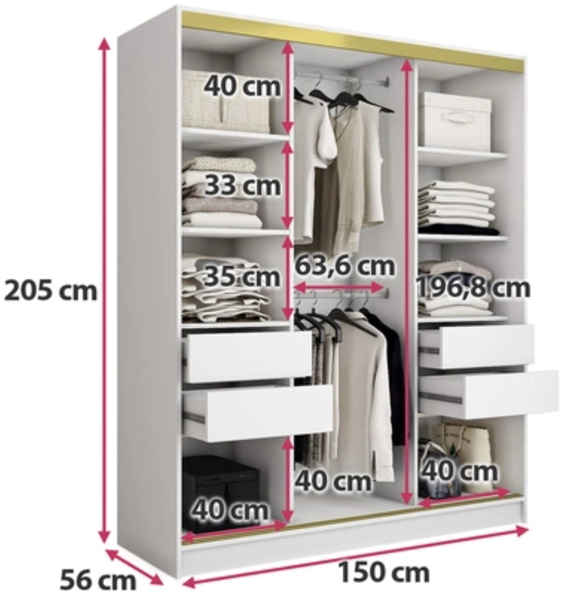 Gold Mirror - 3 Sliding Doors Wardrobe With Drawers Shelves 2 Rail White 150 cm