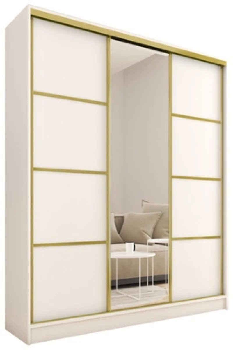 Gold Mirror - 3 Sliding Doors Wardrobe With Drawers Shelves 2 Rail White 150 cm