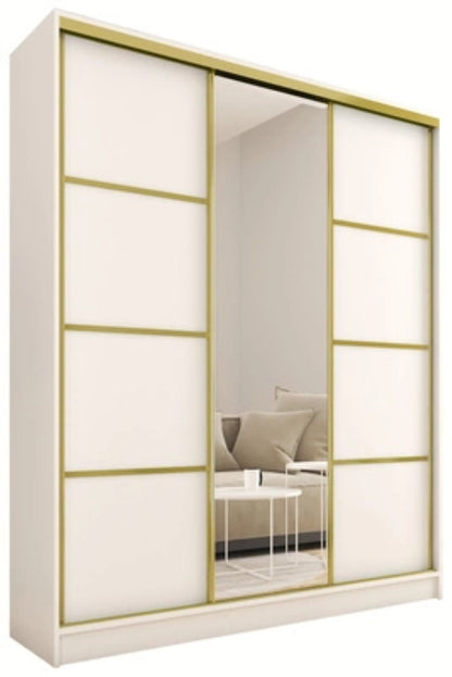 Gold Mirror - 3 Sliding Doors Wardrobe With Drawers Shelves 2 Rail White 150 cm