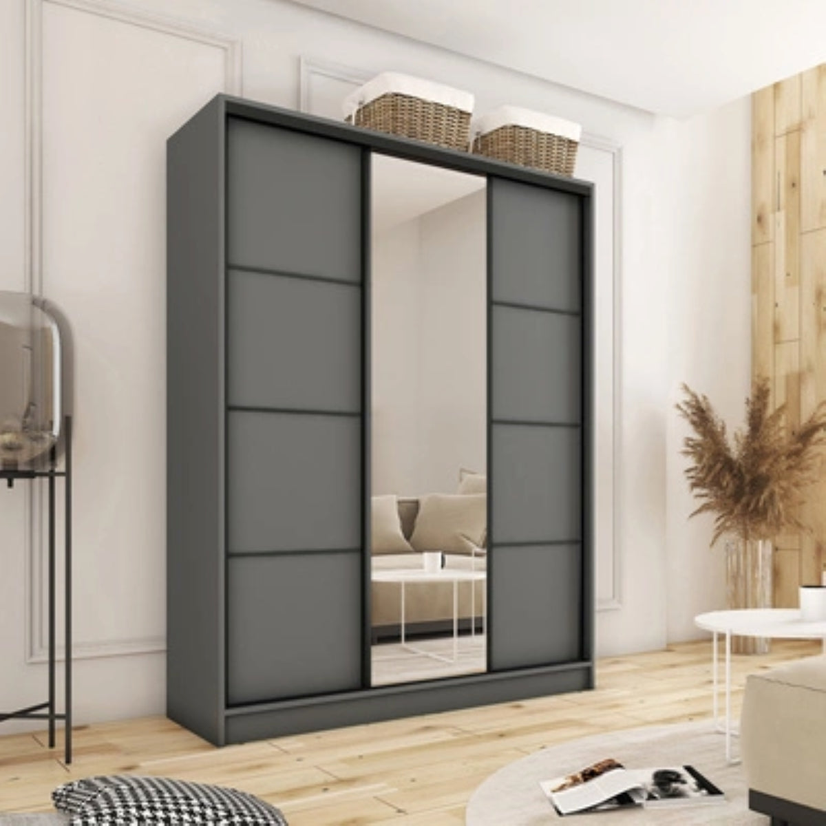 LOFT with Mirror - 3 Sliding Doors Wardrobe With Drawers Shelves 2 Rail Three Colour 150 cm