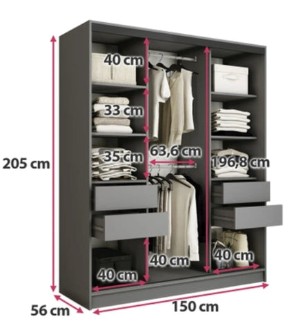 LOFT with Mirror - 3 Sliding Doors Wardrobe With Drawers Shelves 2 Rail Three Colour 150 cm