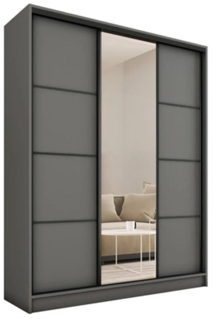 LOFT with Mirror - 3 Sliding Doors Wardrobe With Drawers Shelves 2 Rail Three Colour 150 cm