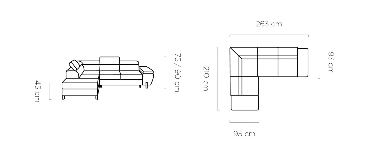 Marina - L-Shape Corner Sofa Bed with Sleeping Function Storage Various Colour > Width 263 cm <