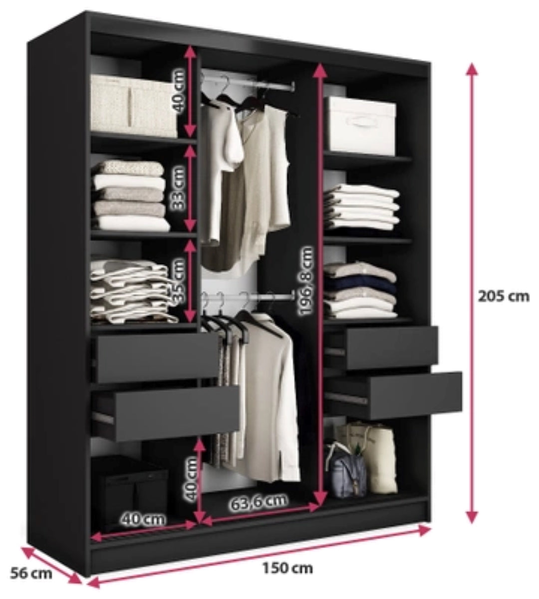 Tanyaro with Mirroro - 3 sliding Doors Wardrobe With Drawers Shelves 2 Rail Various Colour width 150 cm