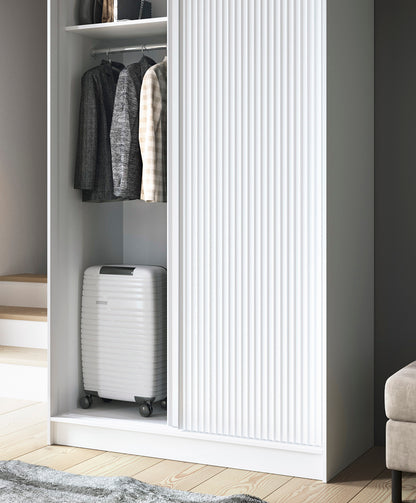 Biancco II - Two Sliding Doors Wardrobe White with Shelves, hanging rail  >120cm<