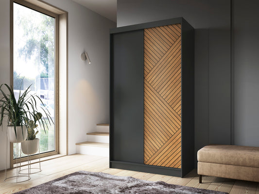 Marrphy II - Two Sliding Doors Wardrobe Black & Oak with Shelves & Hanging rail  >120cm<