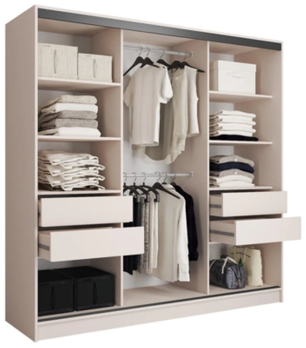 LOFT with Mirror - 3 Sliding Doors Wardrobe With Drawers Shelves 2 Rail Mirror Various Colour width 200 cm