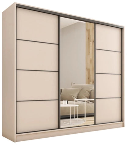 LOFT with Mirror - 3 Sliding Doors Wardrobe With Drawers Shelves 2 Rail Mirror Various Colour width 200 cm